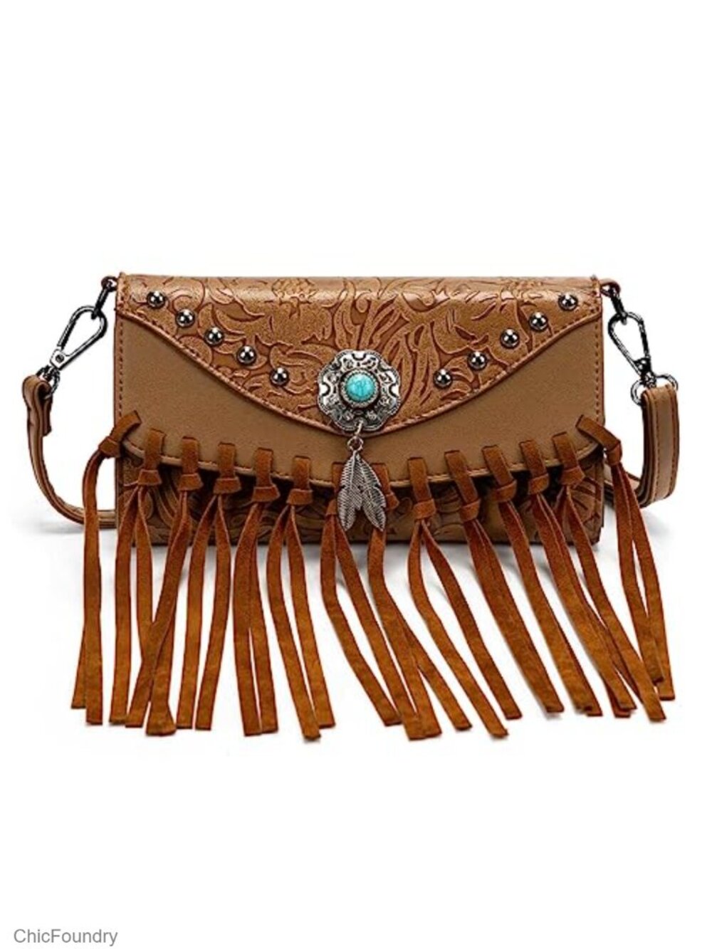 Small Western Crossbody Bag Fringe Tassel Studded Vegan Leather Faux Leather